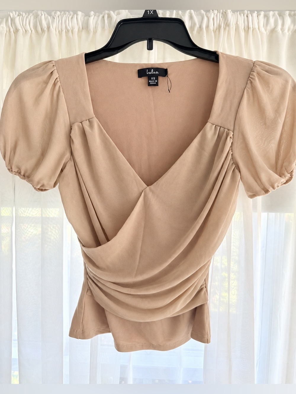 Lulu's Nude Draped Puff-Sleeve V-Neck Top